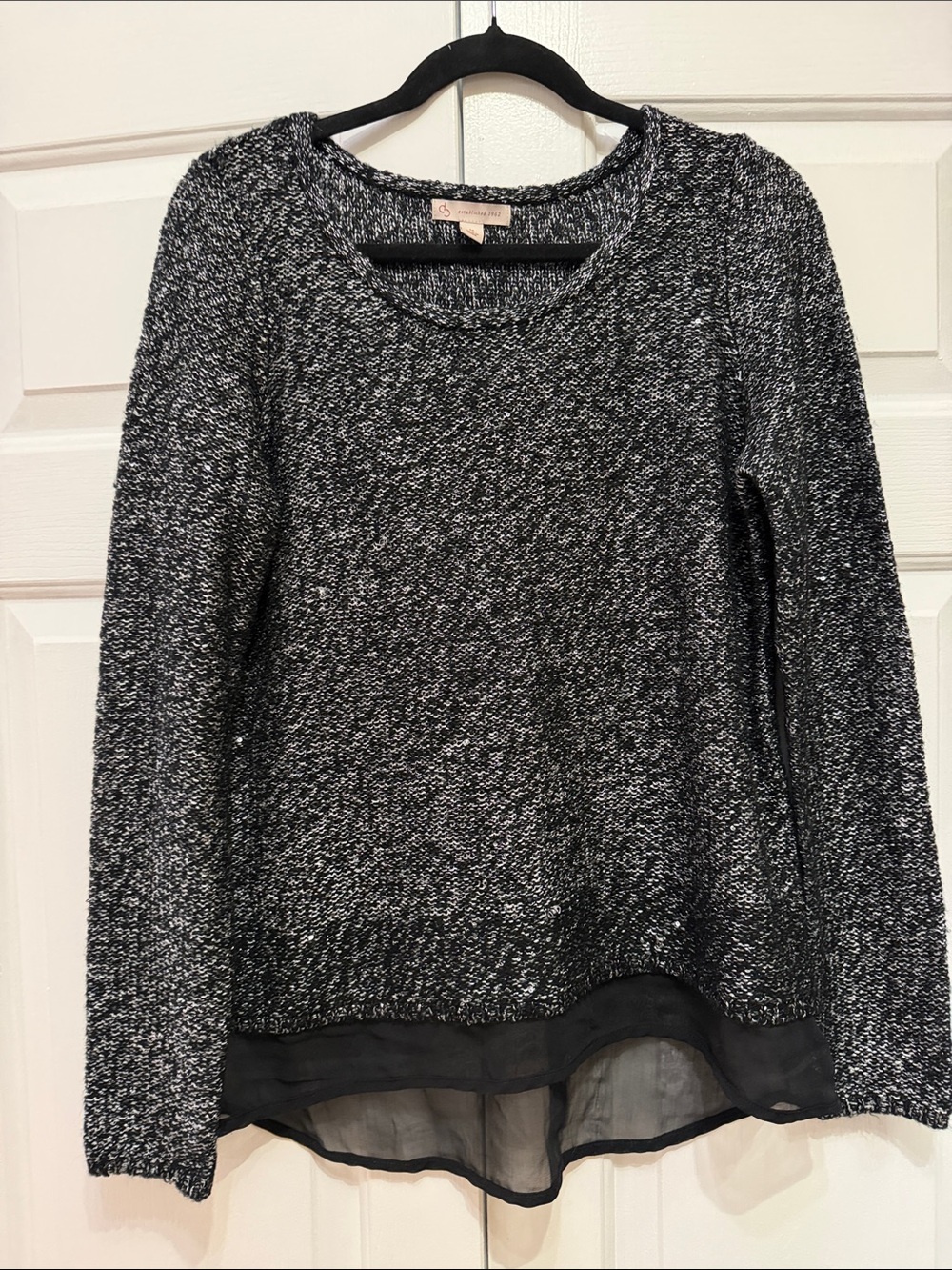 Dress Barn Black and White Tweed-Look Crewneck Sweater with Sheer Hem